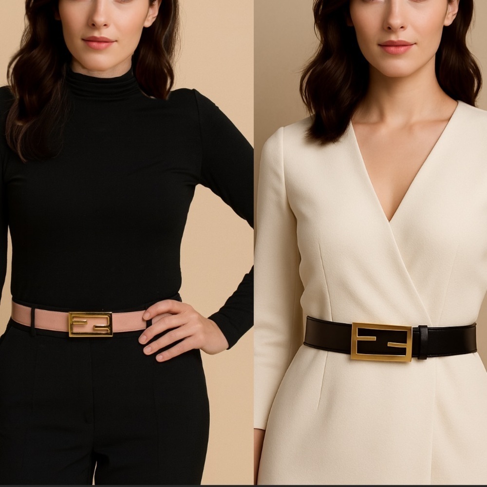FENDI gold logo buckle reversible calfskin leather belt in blush and black 75